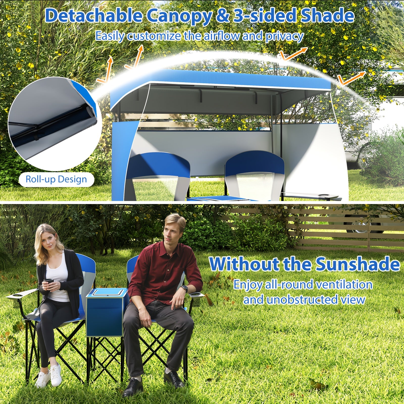 2 Person Folding Camping Chair with Adjustable Canopy by Snagg A Chair