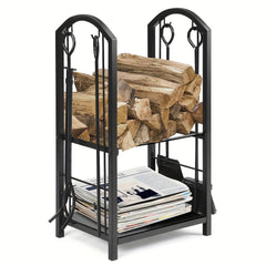 Wrought Iron Firewood Log Rack with Fireplace Tool Set by Snagg A Rack