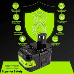 4 Pack 18 V 12.0 Ah Lithium-Ion Batteries — High Capacity Replacement for Ryobi 18 V ONE+ Cordless Tools