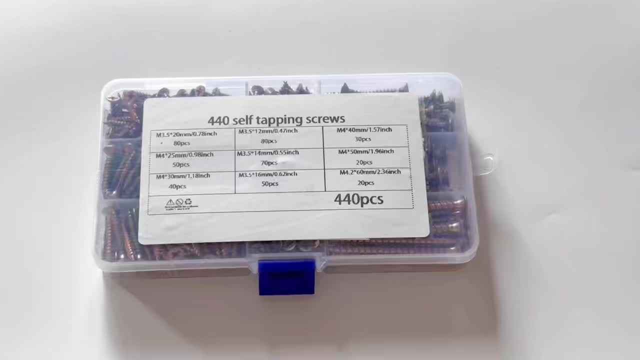 440 Pack Self Tapping Wood Screw Kit — Colour Galvanized M3.5/M4 Screws in 25–60mm Sizes - 440pcs M4/3.5 Length