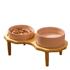 Slow Food Ceramic Cat & Dog Bowl with Elevated Wooden Stand by Snagg A Feeder