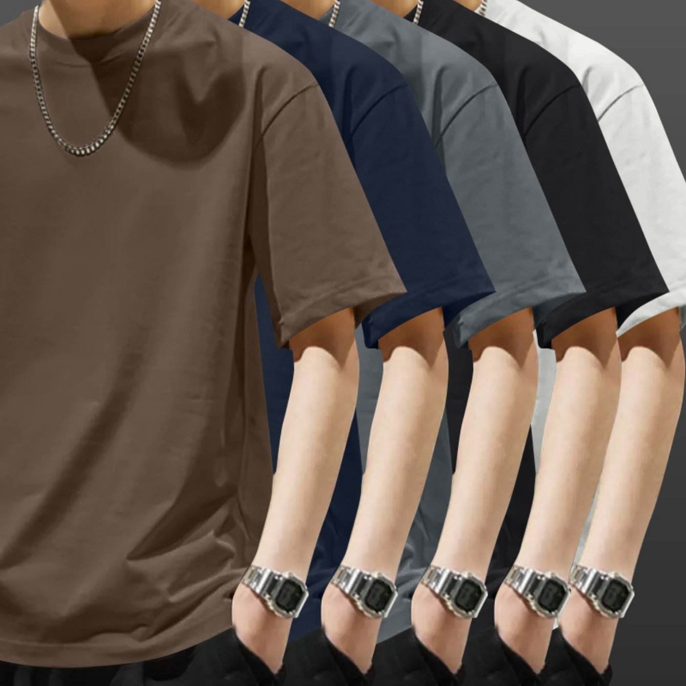 5pcs Heavyweight Men’s Cotton T-Shirts – Minimalist Solid Color Pack - SnaggIt
