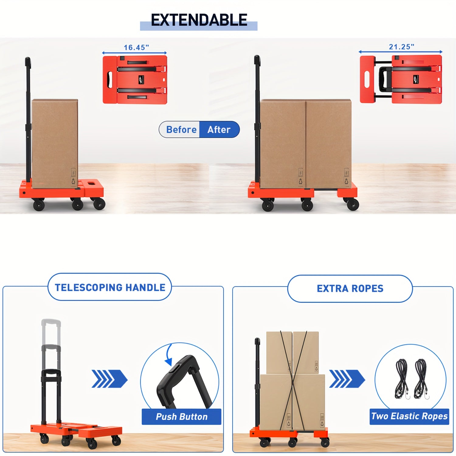 500LB Folding Hand Truck – Heavy Duty Luggage Cart with 6 Wheels & Elastic Ropes - General Tools