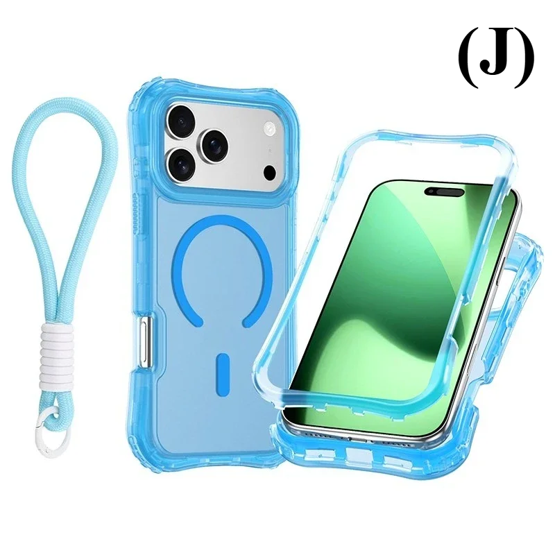 Shockproof Armor 3 in 1 Magnetic Case with Wrist Strap – for iPhone 15 Series - J - lce Blue / Pro - Phone Cases &