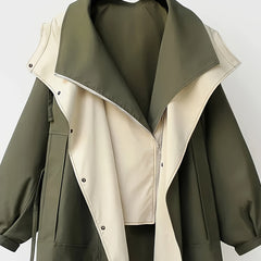 Unisex Two-Tone Hooded Trench Coat with Drawstring Waist by Snagg A Jacket