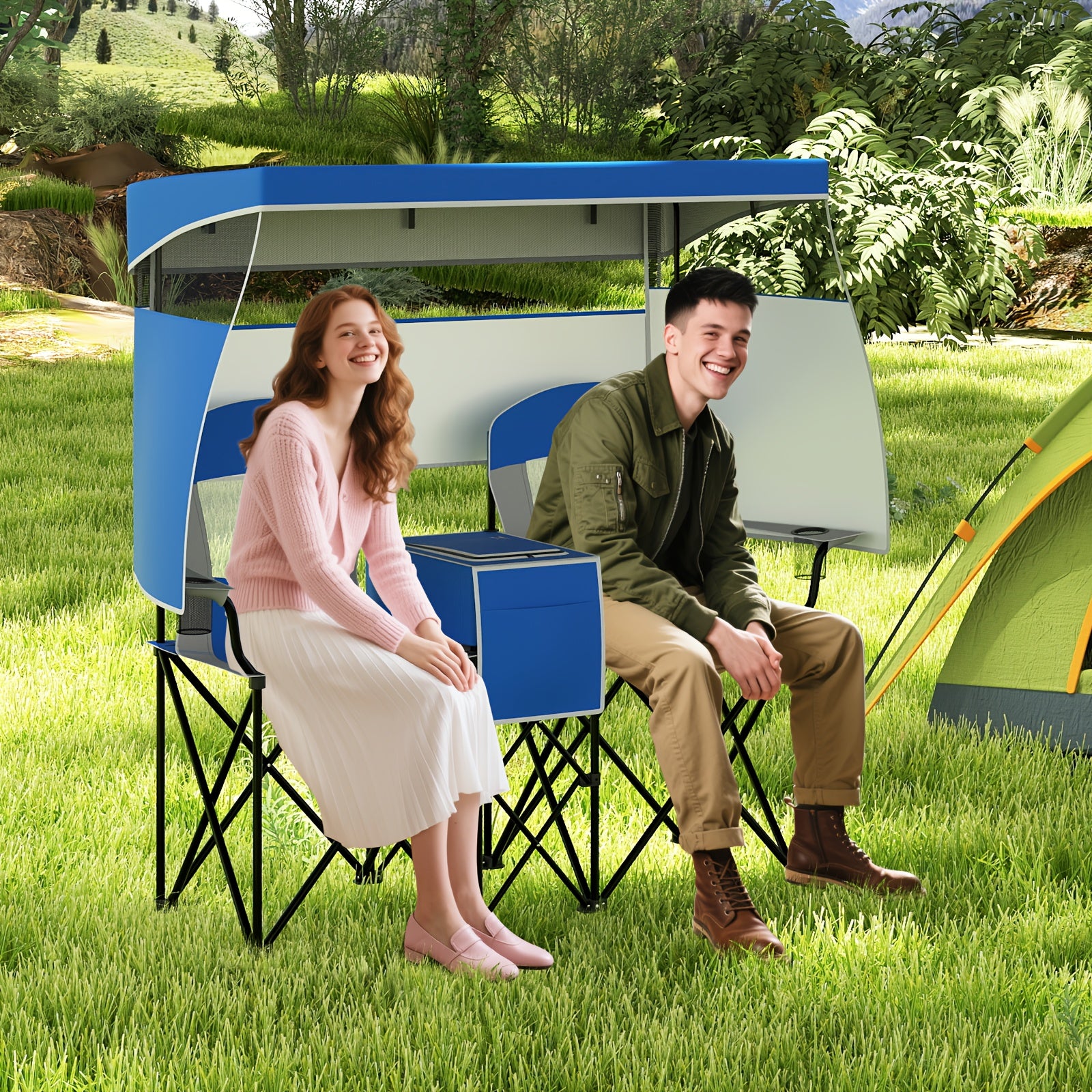 2 Person Folding Camping Chair with Adjustable Canopy by Snagg A Chair