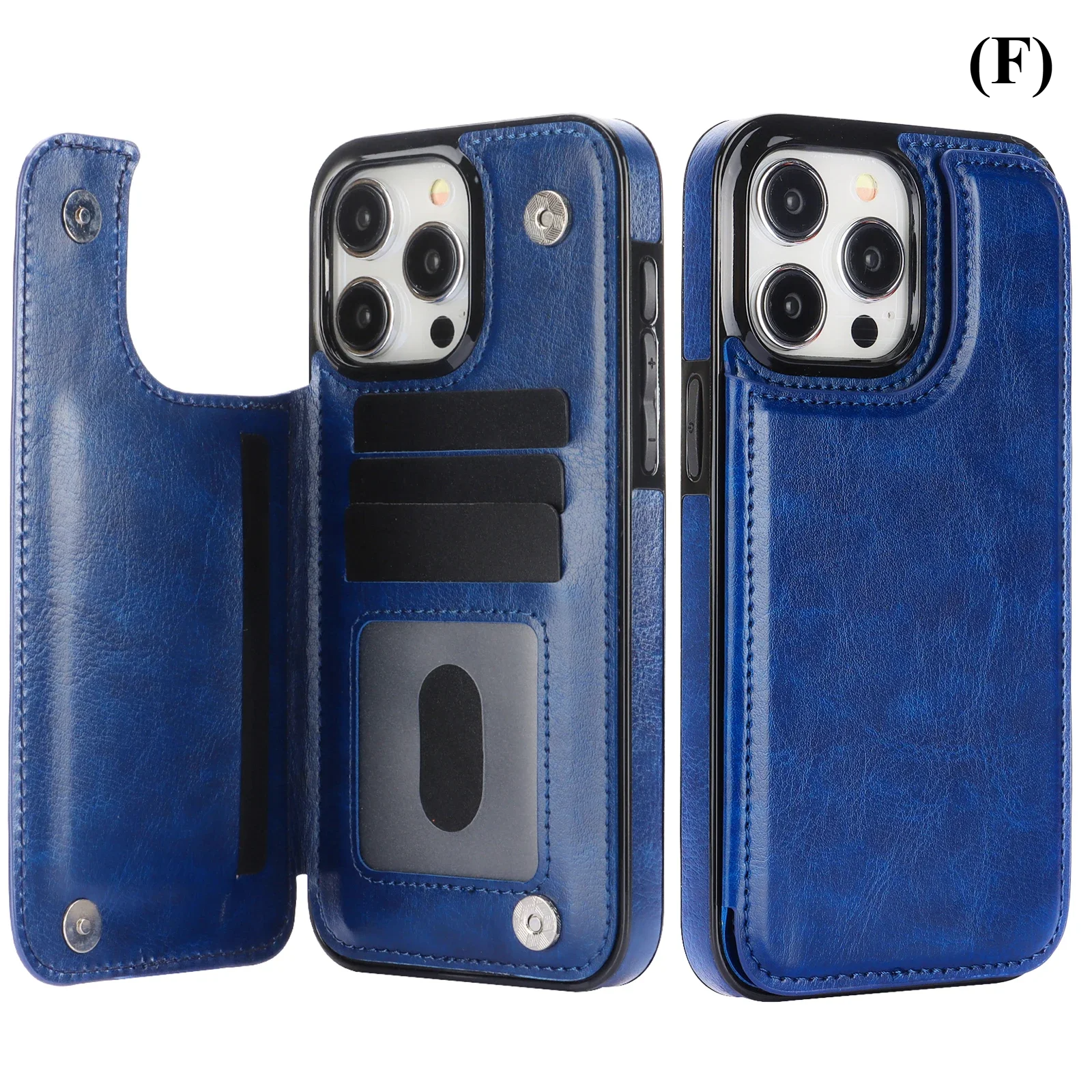 Double Button Wallet Flip Leather Case with Card Slot & Stand – for iPhone 14 Series - F - Blue / Pro Max - Phone Cases