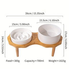 Slow Food Ceramic Cat & Dog Bowl with Elevated Wooden Stand by Snagg A Feeder