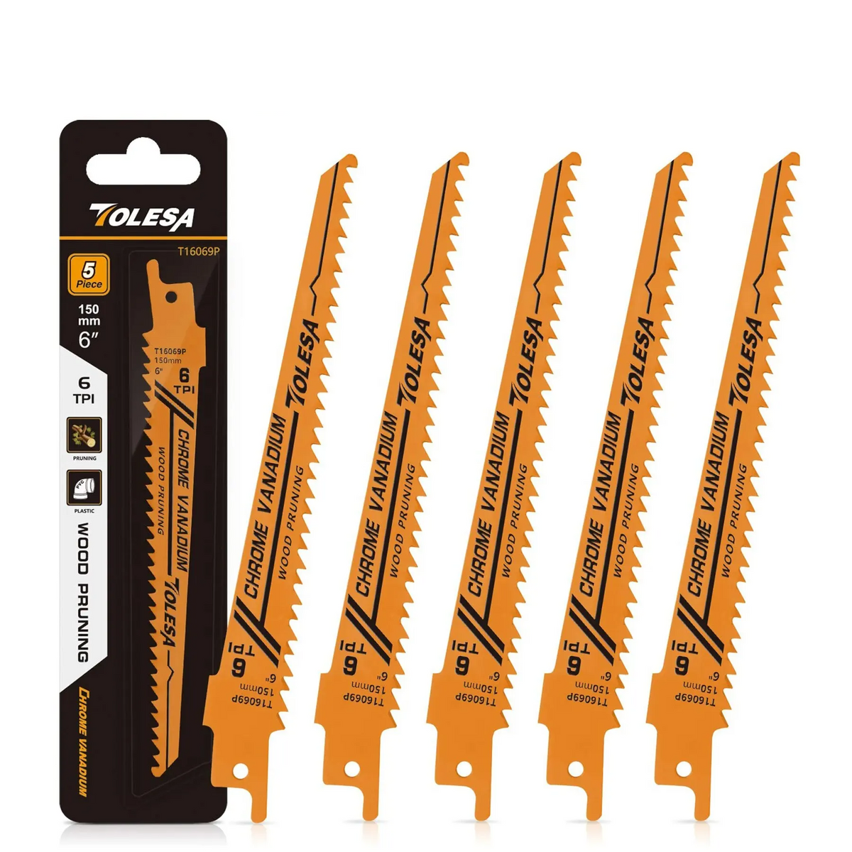 5PCS 6 Inch Wood Pruning Reciprocating Saw Blades – 6TPI CR-V Sabre Saw for Wood & PVC Cutting