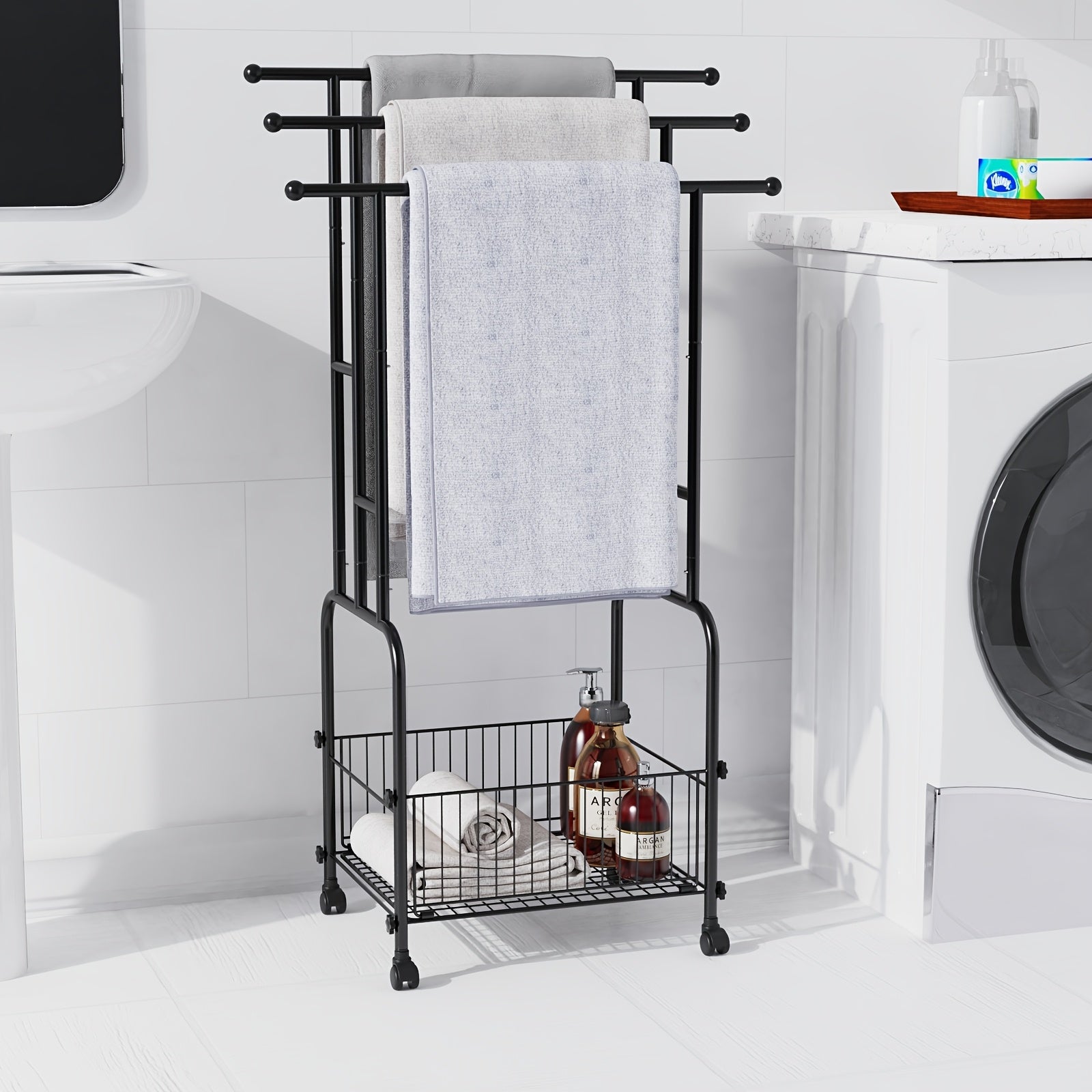 Heavy-Duty 3-Tier Freestanding Towel Rack with Storage Basket by Snagg A Rack