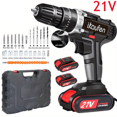21V cordless drill with accessories and Australian flag with kangaroo icon