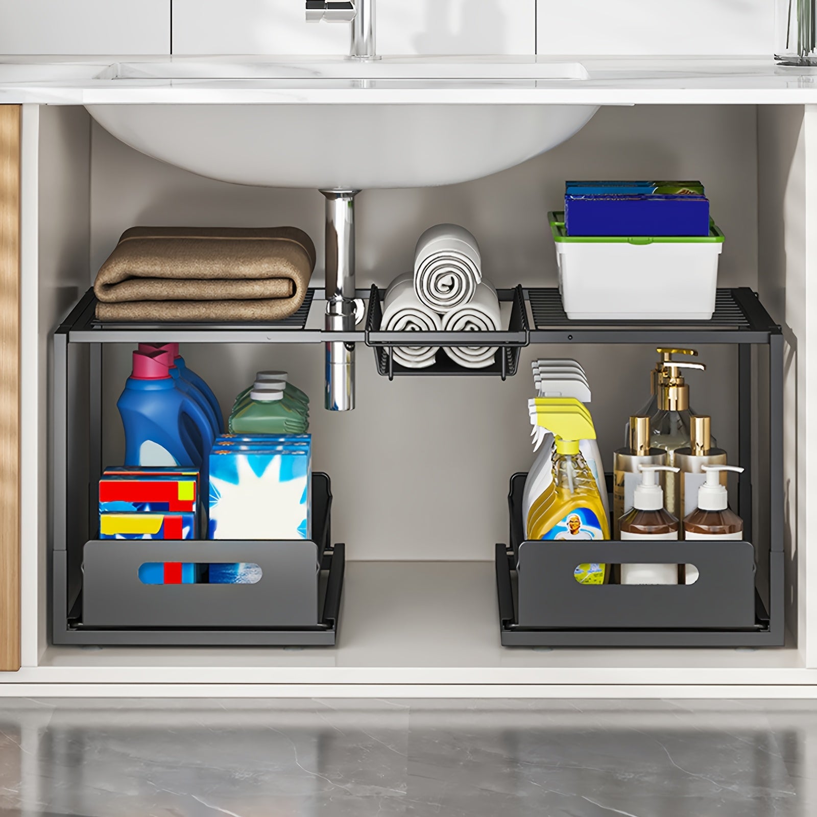 2-Tier Extendable Under Sink Organizer by Snagg A Rack