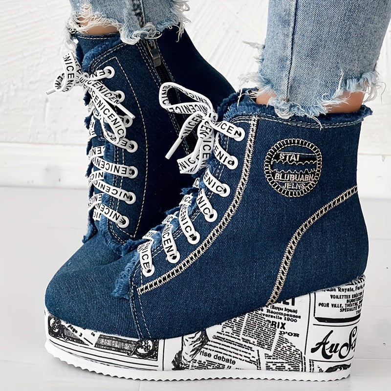 Women’s Solid Color Denim Lace-Up Boots by Snagg A Shoes