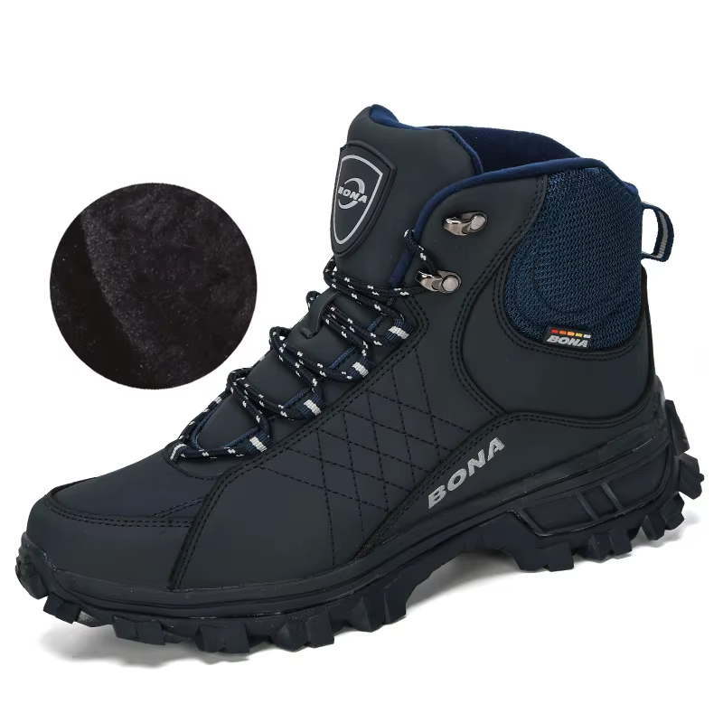 Men's Plush-Lined Ankle Hiking Boots – Leather Upper, Rubber Sole for Winter Trekking