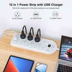 12-in-1 Powerboard with USB | 8 Outlets Surge Protector for Home & Office by Snagg An Extension Cable