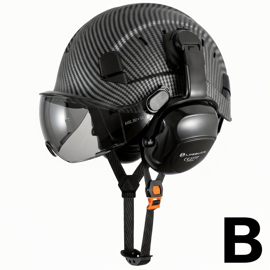 Carbon Fiber Pattern Safety Helmet with Visor, Earmuffs by Snagg A Safety Helmet