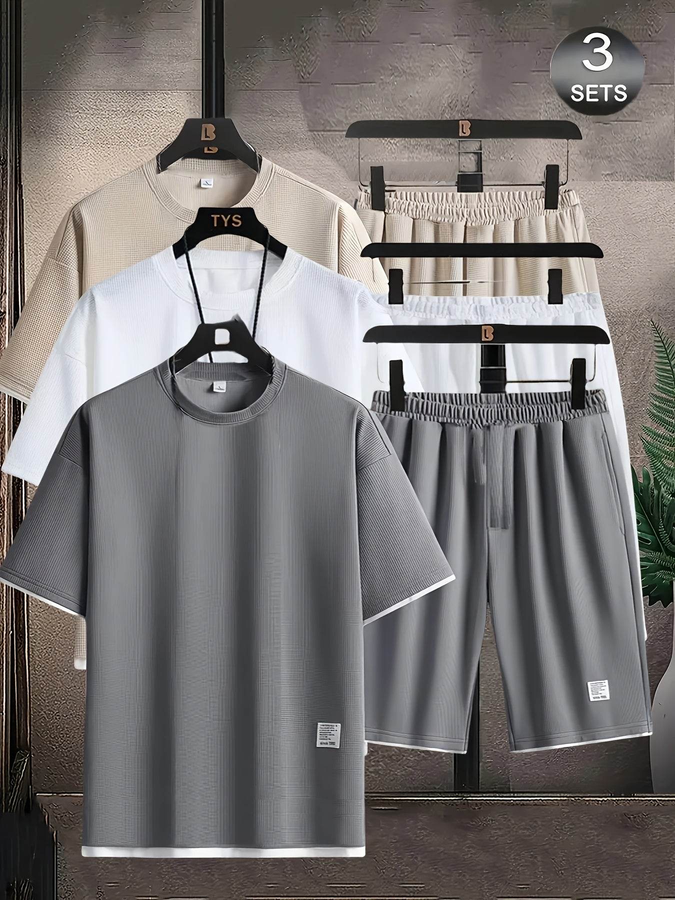 6pcs Waffle Men’s Pajama Set – Short Sleeve & Shorts Multi-Piece Homewear - SnaggIt