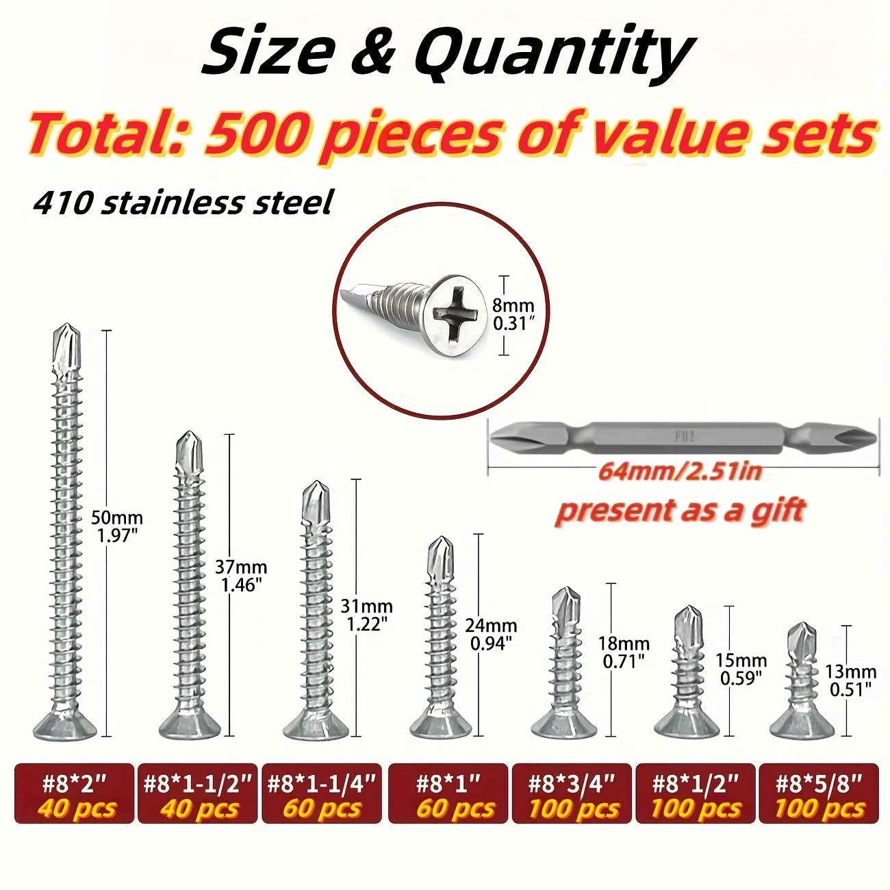 500pcs 410 Stainless Steel Self Drilling Screws (Self-Tapping) Phillips Flat Head - Total 500 pieces + Bit - Power