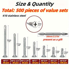500pcs 410 Stainless Steel Self Drilling Screws (Self-Tapping) Phillips Flat Head - Total 500 pieces + Bit - Power