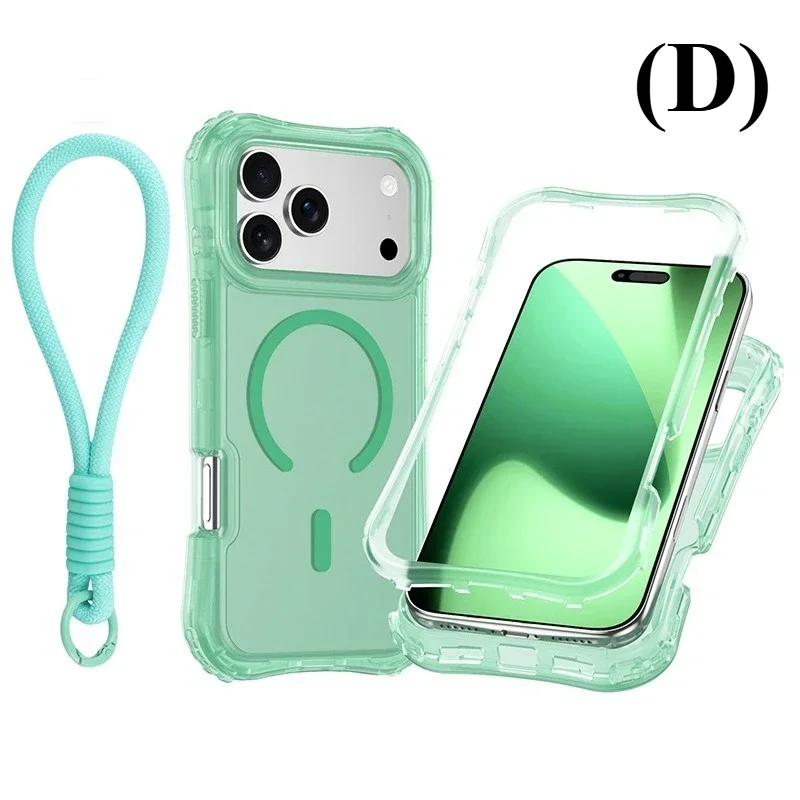 Shockproof Armor 3 in 1 Magnetic Case with Wrist Strap – for iPhone 15 Series - D - Jade Green / Phone Cases & Covers