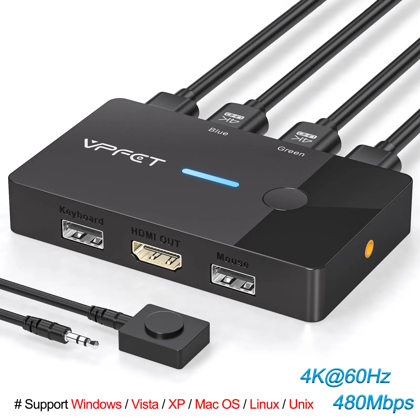 4K@60Hz HDMI KVM Switch 2-in-1 – 2 Computers, 1 Monitor, Keyboard & Mouse USB Hub, No Power Required