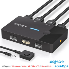 4K@60Hz HDMI KVM Switch 2-in-1 – 2 Computers, 1 Monitor, Keyboard & Mouse USB Hub, No Power Required