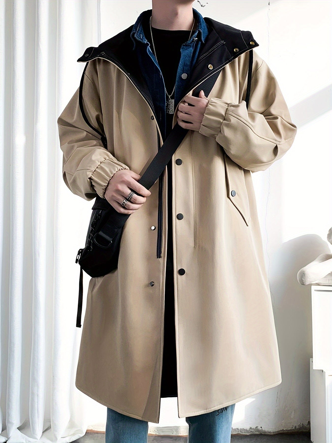Men’s Mid-Length Beige Hooded Trench Coat by Snagg A Coat