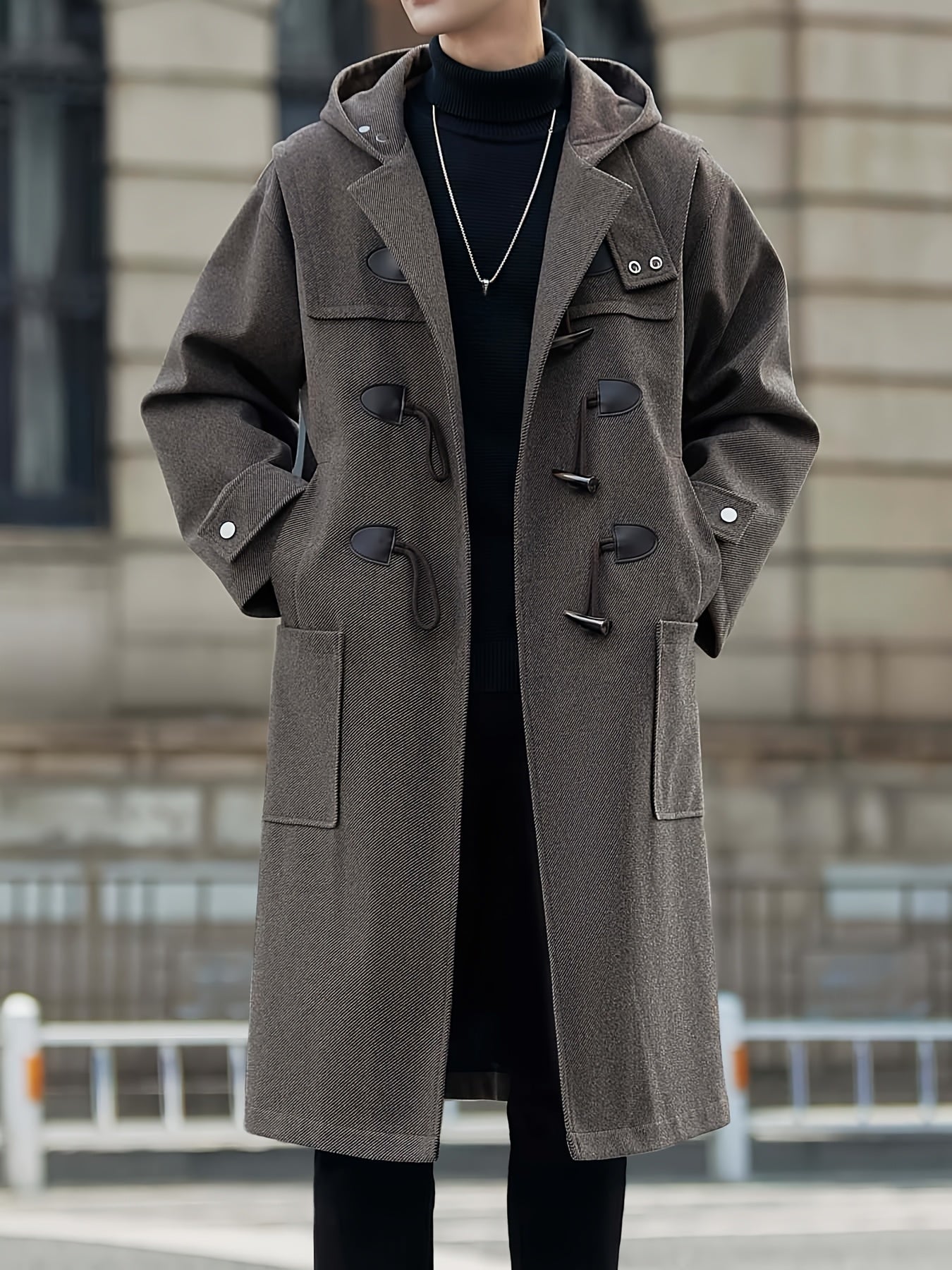 Men’s Casual Long-Length Tweed Coat with Hood & Horn Buttons by Snagg A Coat