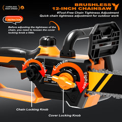 12" Cordless Brushless Chainsaw with Battery, Auto Oiler & Safety Lock