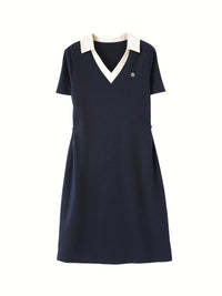 Contrast V-Neck Waist-Cinching Dress - SnaggIt