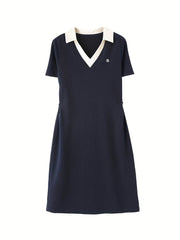 Contrast V-Neck Waist-Cinching Dress - SnaggIt