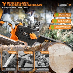 12" Cordless Brushless Chainsaw with Battery, Auto Oiler & Safety Lock