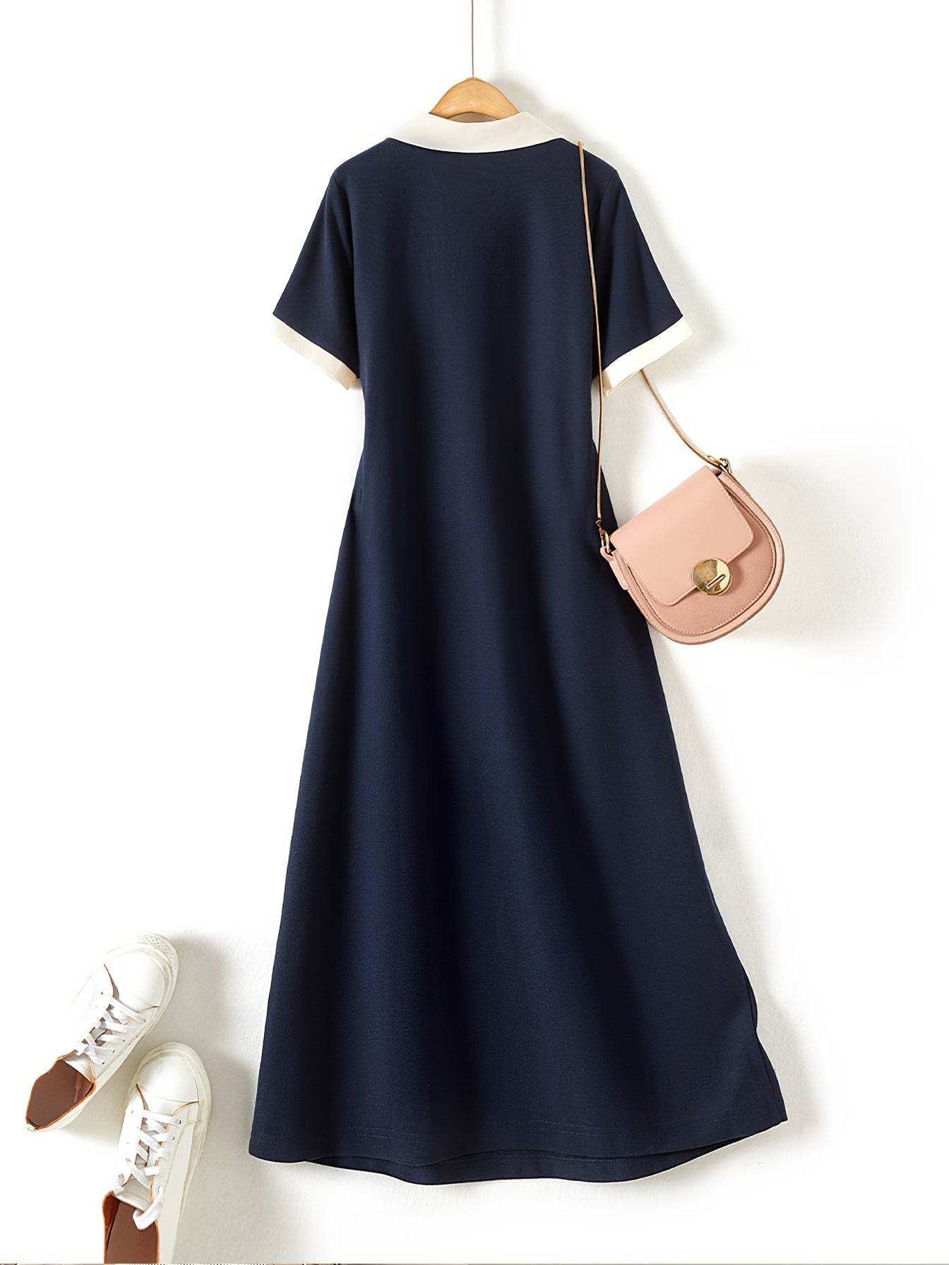 Contrast V-Neck Waist-Cinching Dress - SnaggIt