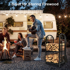 Wrought Iron Firewood Log Rack with Fireplace Tool Set by Snagg A Rack