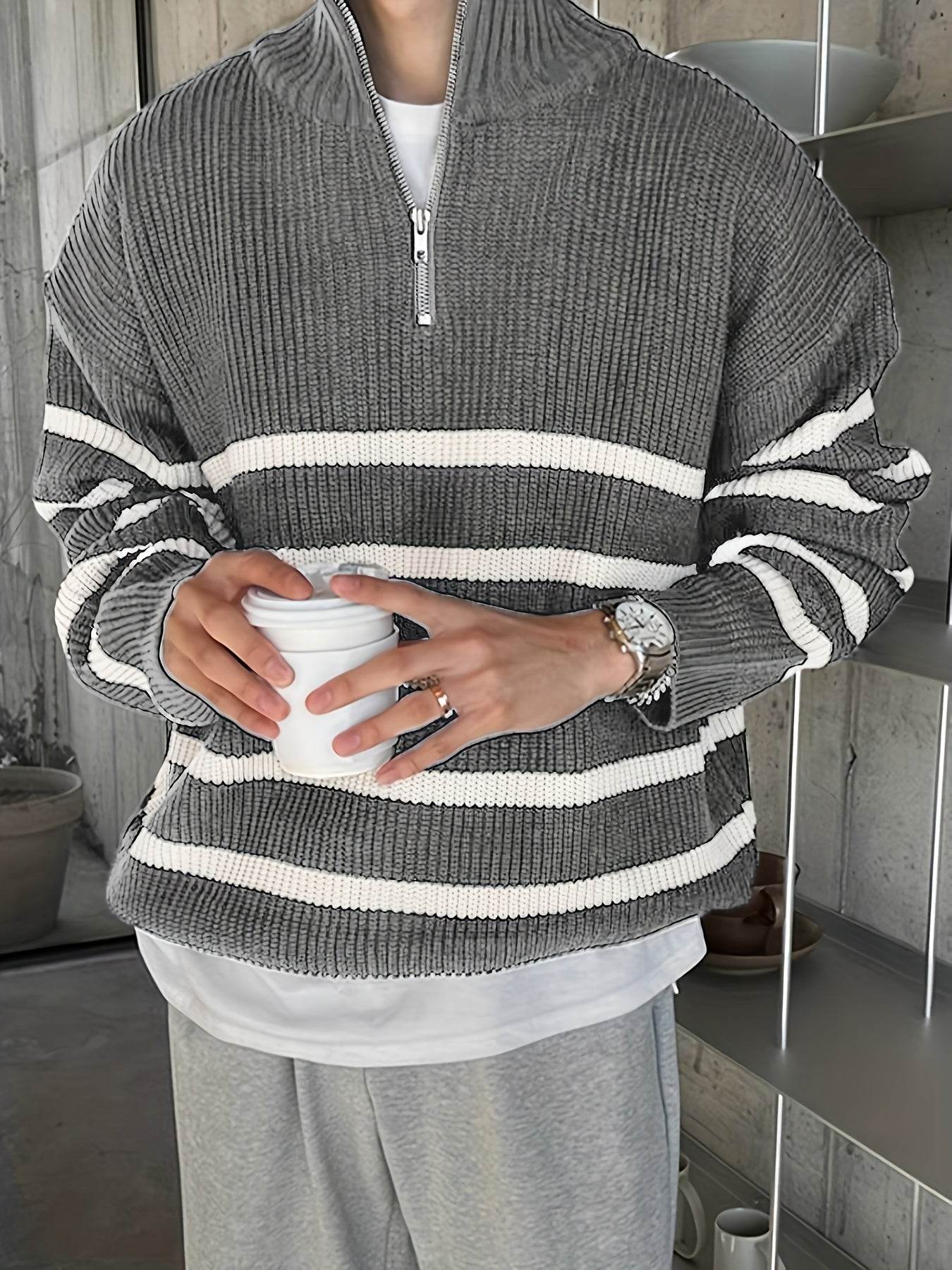 Casual Knitted Men’s Pullover with High Neck & Quarter Zip - SnaggIt