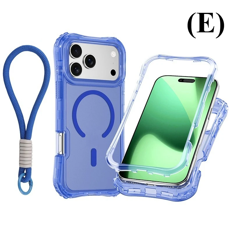 Shockproof Armor 3 in 1 Magnetic Case with Wrist Strap – for iPhone 17 Series - E - Light Blue / iPhone17 Pro - Phone