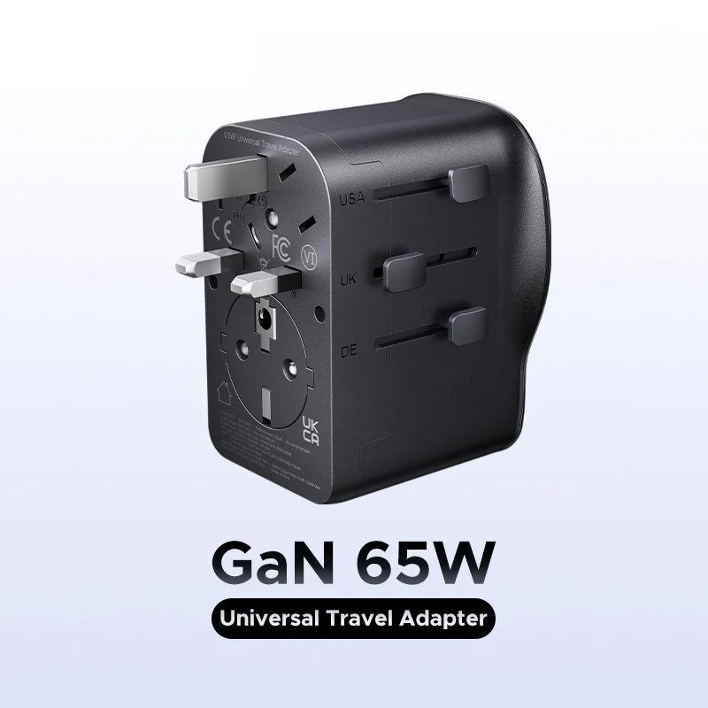 UGREEN 65W Universal Travel Adapter | GaN 2× USB-C 1× USB-A AC Socket CE FCC TÜV for EU US UK AU