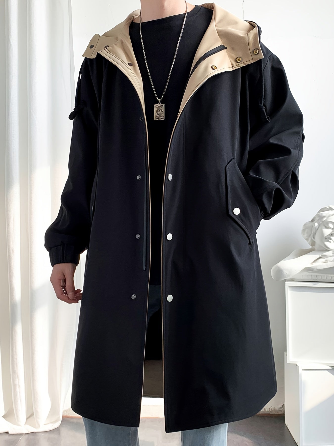 Men’s Mid-Length Beige Hooded Trench Coat by Snagg A Coat