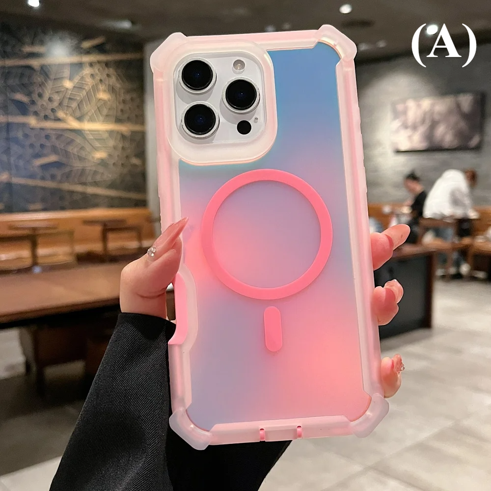 Luxury Magsafe Laser Dazzling Armor Case Dual Layer Protection - for iPhone 16 Series - A - Pink / Pro - Phone Cases &