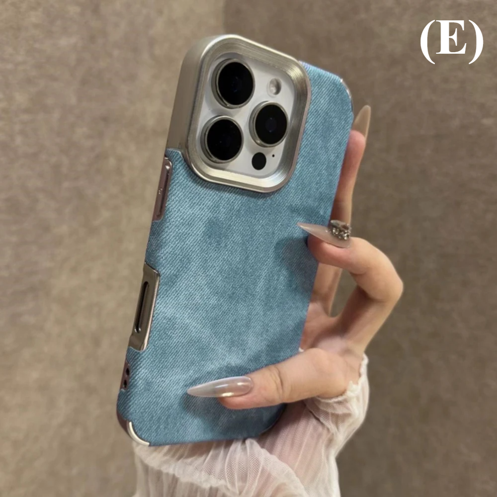 Luxury Jeans Fabric Soft Plating Shockproof Case – for iPhone 16 Series - E - Blue / Pro Max - Phone Cases & Covers