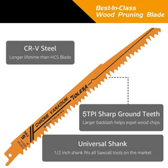 5PCS 9” Reciprocating Saw Blades – Wood & PVC Cutting, 5TPI CR-V Blades