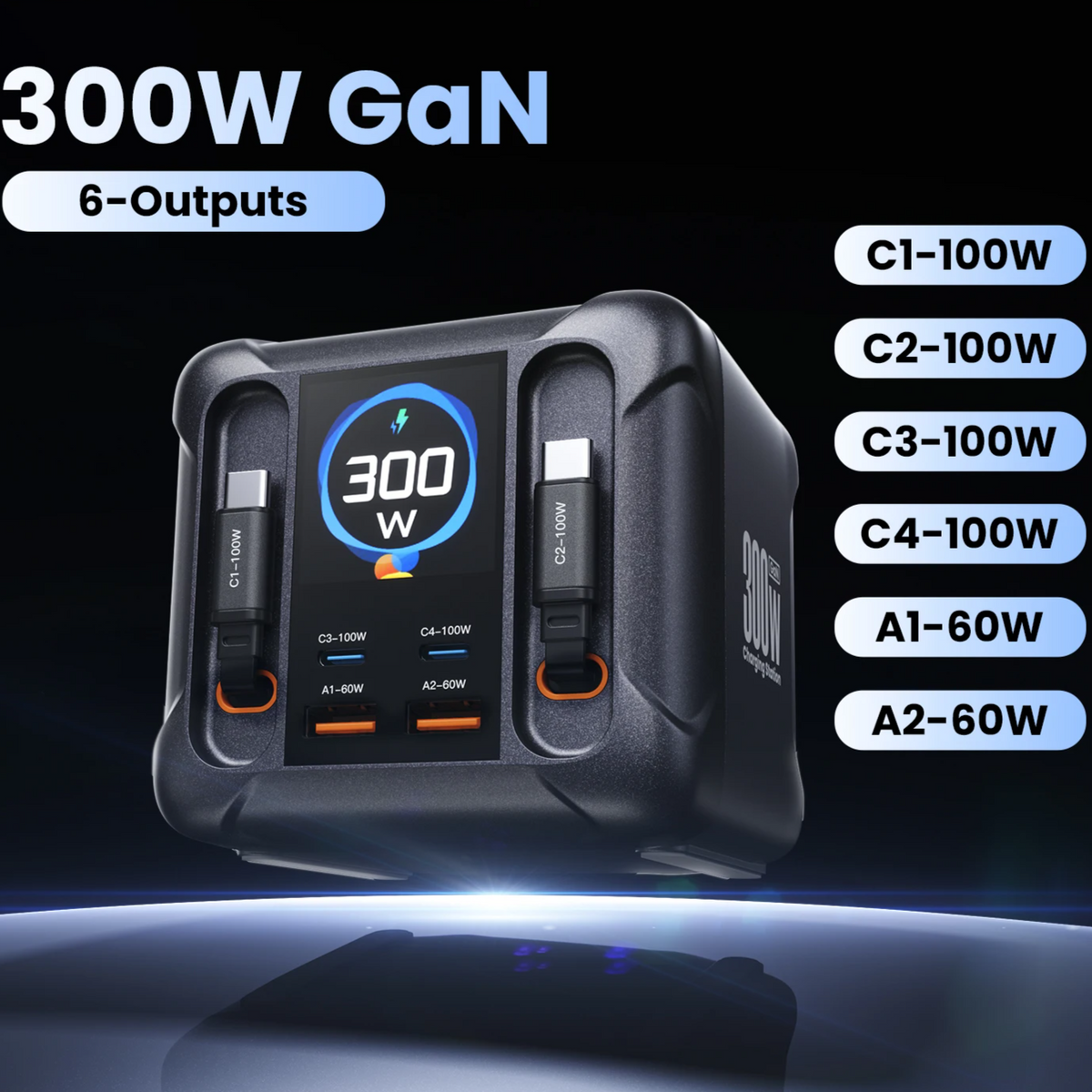 300W GaN USB Charging Station | LED Display + Retractable 100W & 65W USB-C PD3.0 PPS Fast Charger