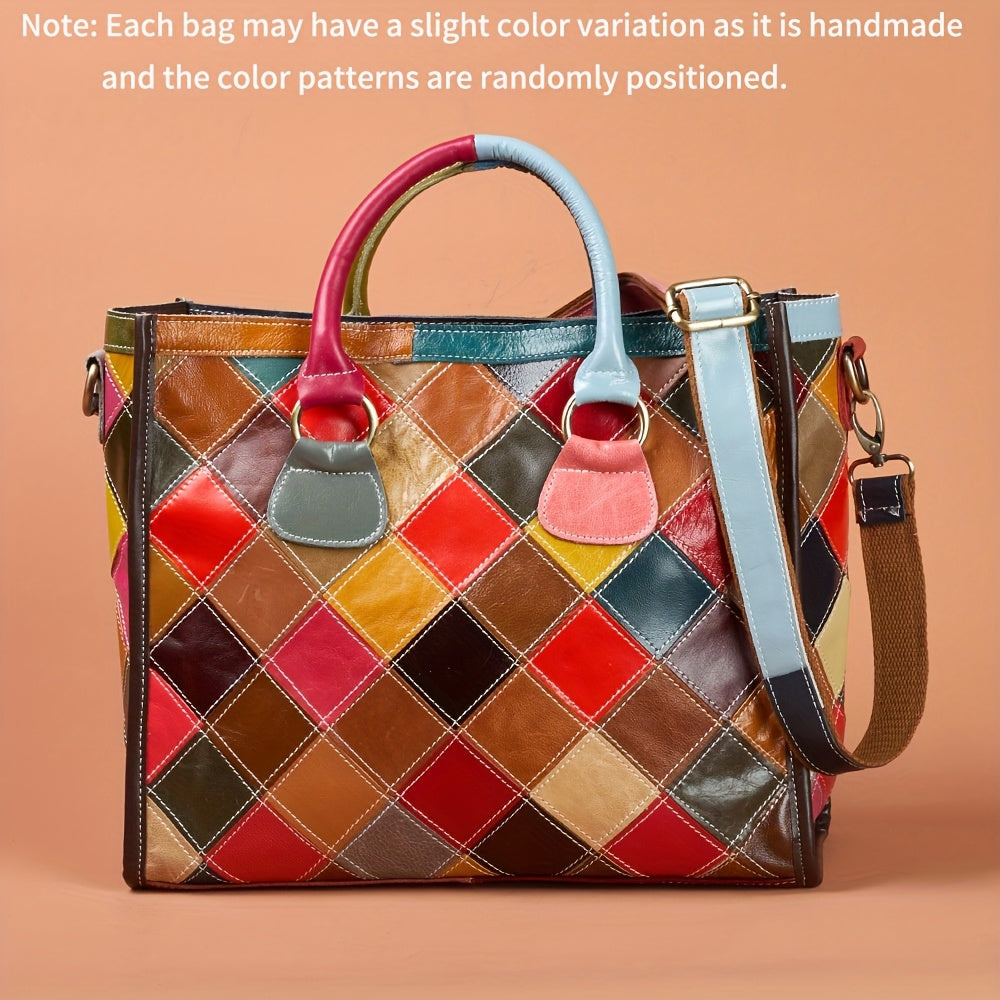 Multicolor Plaid Leather Tote Bag by Snagg A Bag