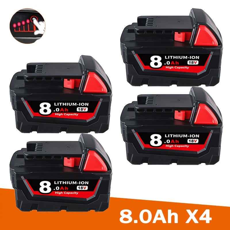 4 Pack 18 V 8.0 Ah Lithium-Ion Batteries — Replacement for Milwaukee M18 Cordless Tools (48-11-18 Series)