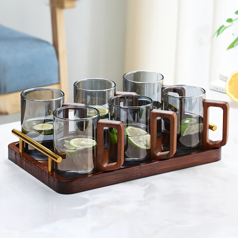 Glass Cup Set With Wooden Handle 4 Or 6 Pack Home Tea Cups by Snagg A Cup