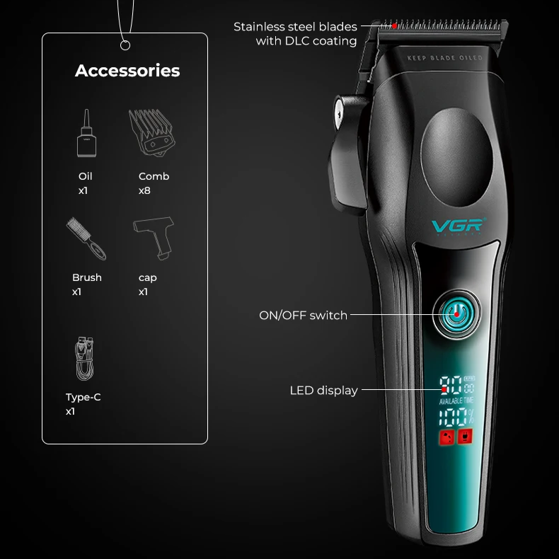 Professional High End Metal Series Hair Clipper – 2500mAh Titanium Alloy Precision Trimmer with Intelligent LCD Display