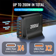 200W Ultra Fast Charging Adapter — 6 Port Power Hub (4× USB-C + 2× USB-A)