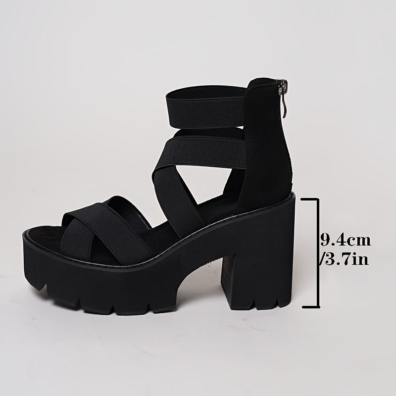 Women’s Platform Sandals Chunky Mid-Heel with Elastic Ankle Straps & Side Zipper by Snagg A Shoes