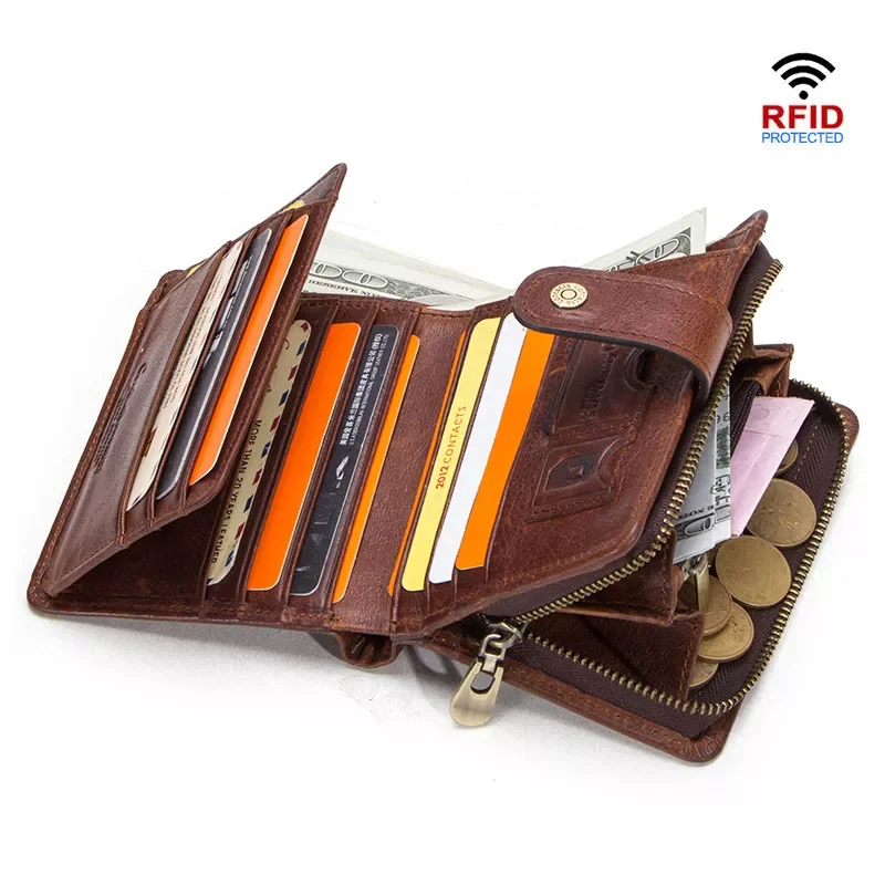 Genuine Leather RFID Short Wallet with Coin Pocket & Card Holders