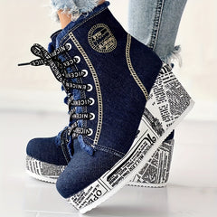 Women’s Solid Color Denim Lace-Up Boots by Snagg A Shoes